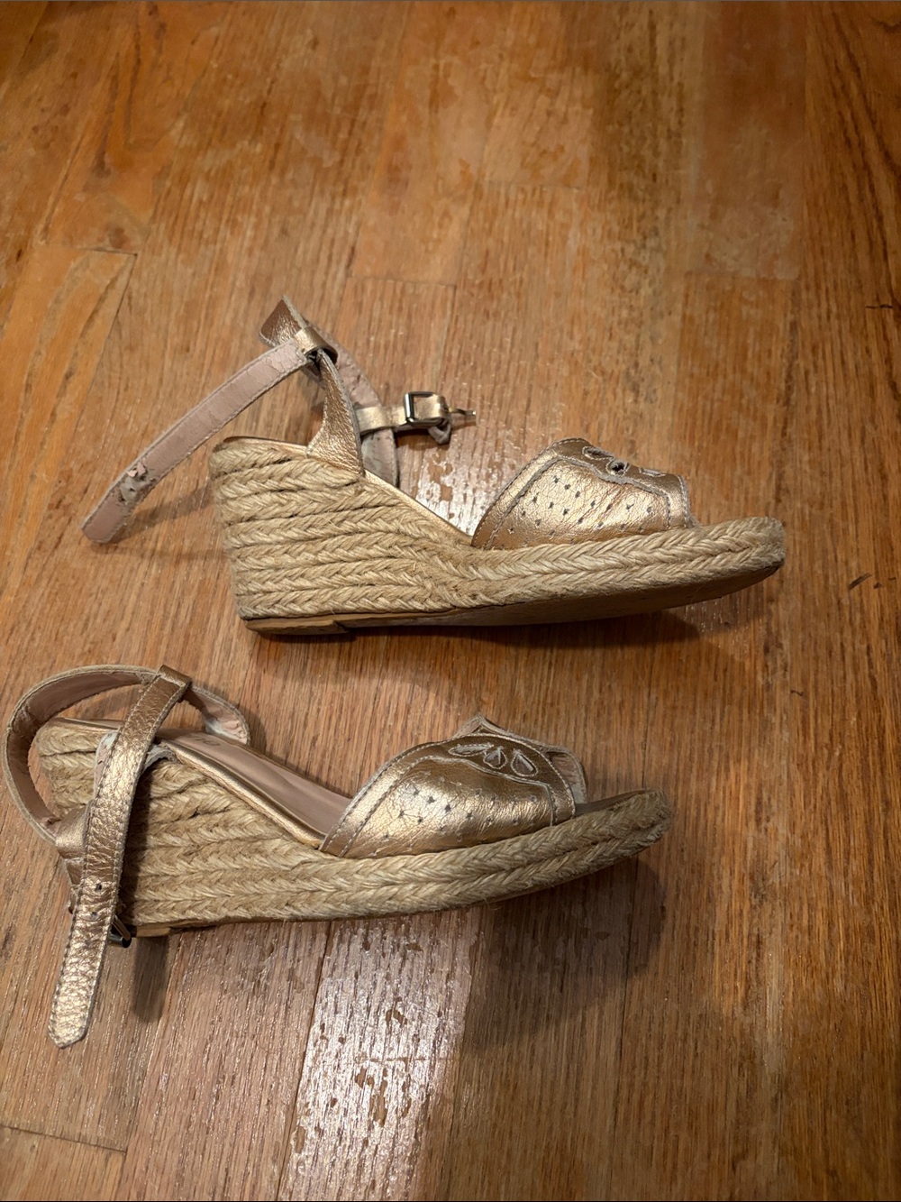 Metallic Gold Wedge Espadrille Sandals with Ankle Strap